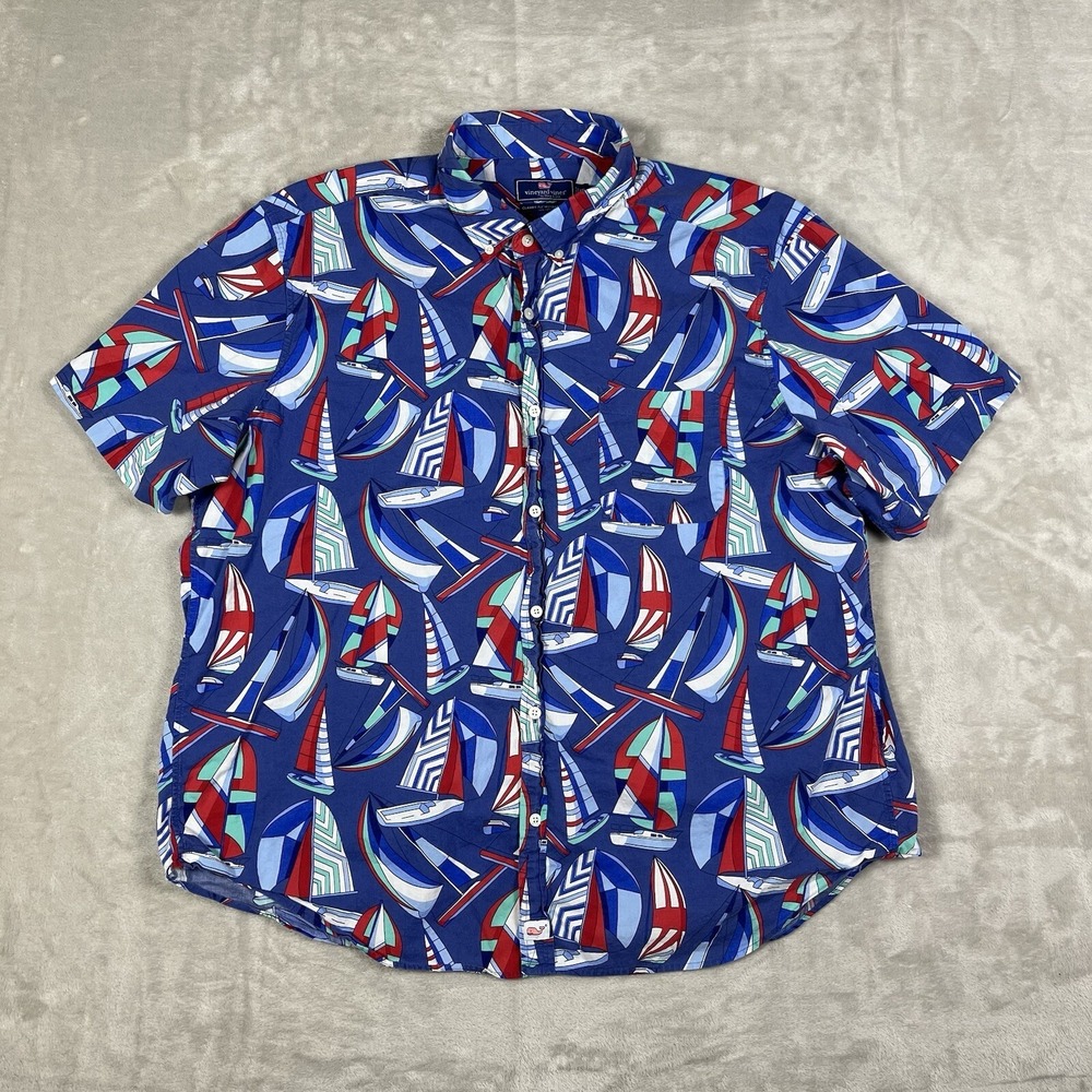 Vineyard Vines Classic Fit Murray Shirt Mens 2XL Blue Sailboat Print Lightweight